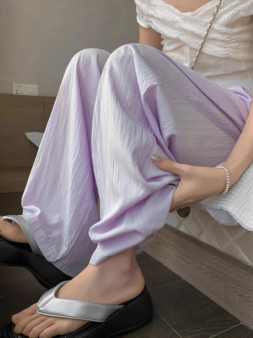Summer Women's Wide-leg Pants Purple Thin Sunscreen Straight Pant Full Length Elastic Waist Casual Korean Fashion Trousers Women