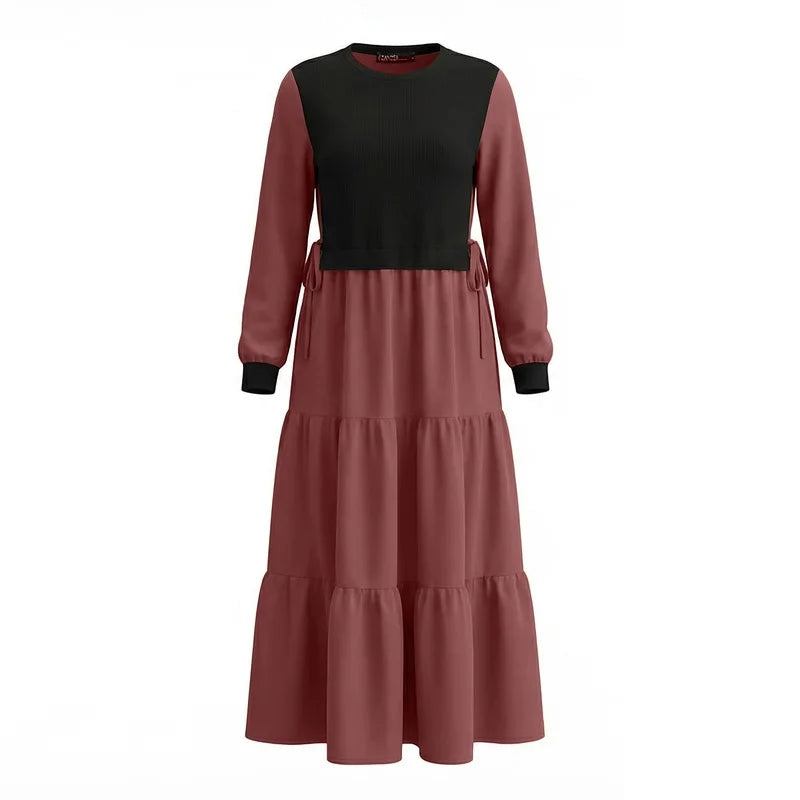 ZANZEA Fashion Women Patchwork Muslim Abaya Dress O Neck Long Sleeve Pleated Sundress Ramadan Robe Casual Maxi Dresses Kaftan