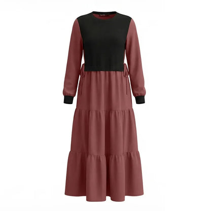 ZANZEA Fashion Women Patchwork Muslim Abaya Dress O Neck Long Sleeve Pleated Sundress Ramadan Robe Casual Maxi Dresses Kaftan
