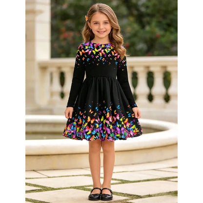 Black butterfly girl long sleeved dress, floral round neck all season casual fashion dress