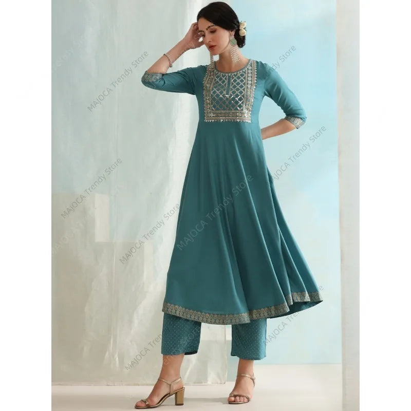 Peacock Blue Indian Women 3 Piece Set Embroidered Anarkali Kurta Pant with Dupatta Rayon Ethnic Pakistani Suit Party Wear