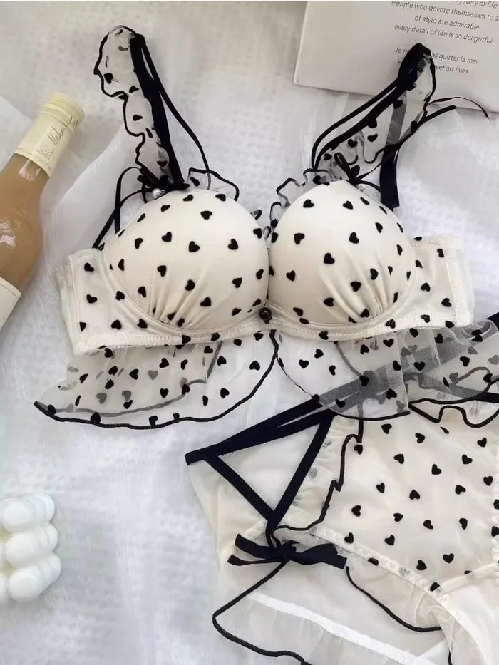 MOYISU Japanese Mesh No-wire lace Underwear set Women's small breasts gather sexy pure desire sweet bra cute bra Panty SET TUSHY