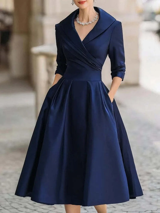 Women's Vintage V Neck Long Sleeve Wrap Waist A Line Midi Dress with Pockets