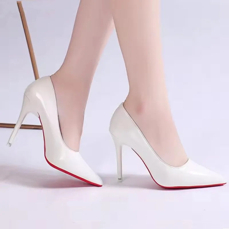 White Nude Pointed Toe Patent Leather High Heels Sexy Red Sole Party Prom Girl Pumps Minimalist Shallow Mouth Work Single Shoes