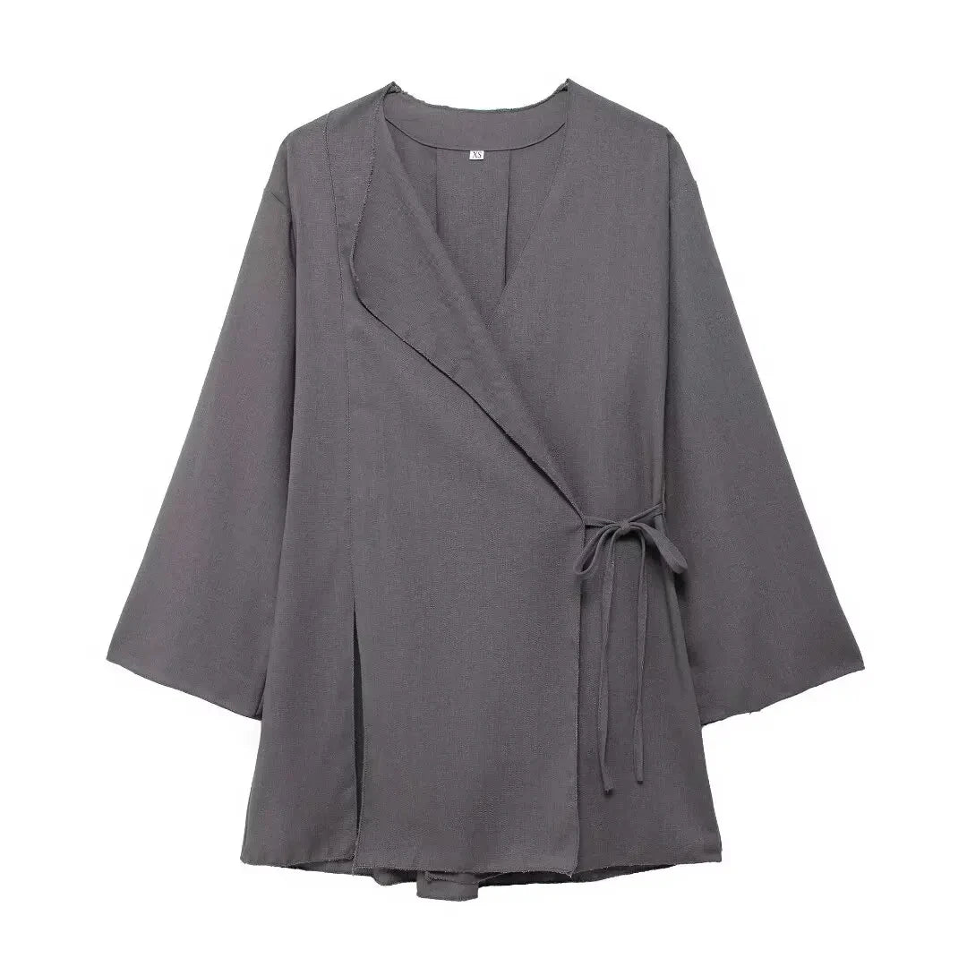 HH 2025 Spring Women Fashion Linen Suits New Solid Cardigan Kimono Top + Versatile Outerwear Female Wide Leg Long Pant