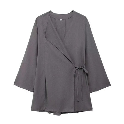 HH 2025 Spring Women Fashion Linen Suits New Solid Cardigan Kimono Top + Versatile Outerwear Female Wide Leg Long Pant