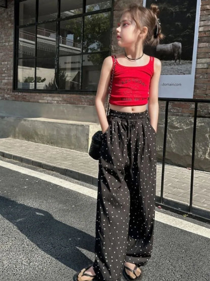 Girls' Summer Lightweight Polka Dot Straight Leg Pants Anti Mosquito Loose Fit Casual Longwear for Kids