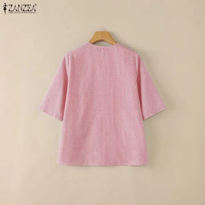 ZANZEA 2026 Summer Women Loose Striped Blouses V-Neck 3/4 Sleeve Pullover Tops Daily Casual Day to Night Blusas de Mujer