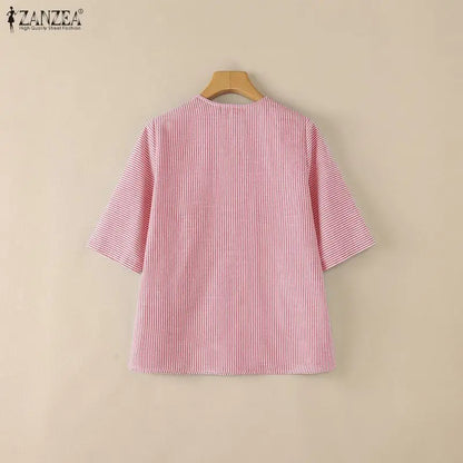 ZANZEA 2026 Summer Women Loose Striped Blouses V-Neck 3/4 Sleeve Pullover Tops Daily Casual Day to Night Blusas de Mujer