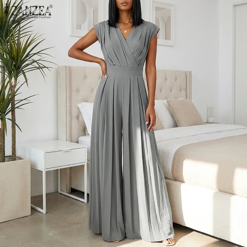 ZANZEA Women V-Neck Sleeveless Jumpsuits Street Fashion Inverted Pleats Wide Leg Pant Overalls Minimalist Commute Work Playsuits