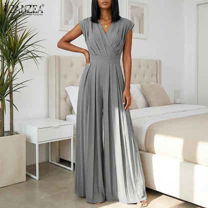 ZANZEA Women V-Neck Sleeveless Jumpsuits Street Fashion Inverted Pleats Wide Leg Pant Overalls Minimalist Commute Work Playsuits
