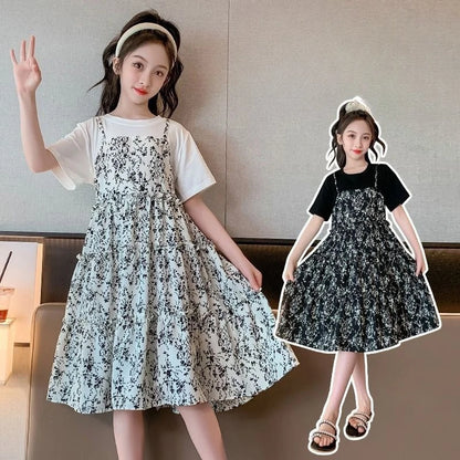 Floral Print Children's Round Neck Suit for Girls Dresses Costume Year Old Dress Sets From 8 12 Years Kids Girl Summer Princess