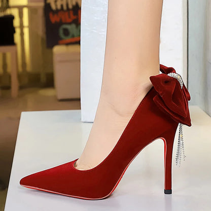 BIGTREE Shoes Rhinestone Chain Design Women Pumps Bowknot Suede High Heels Pointed Heels Stiletto 10 cm Luxury Banquet Shoes