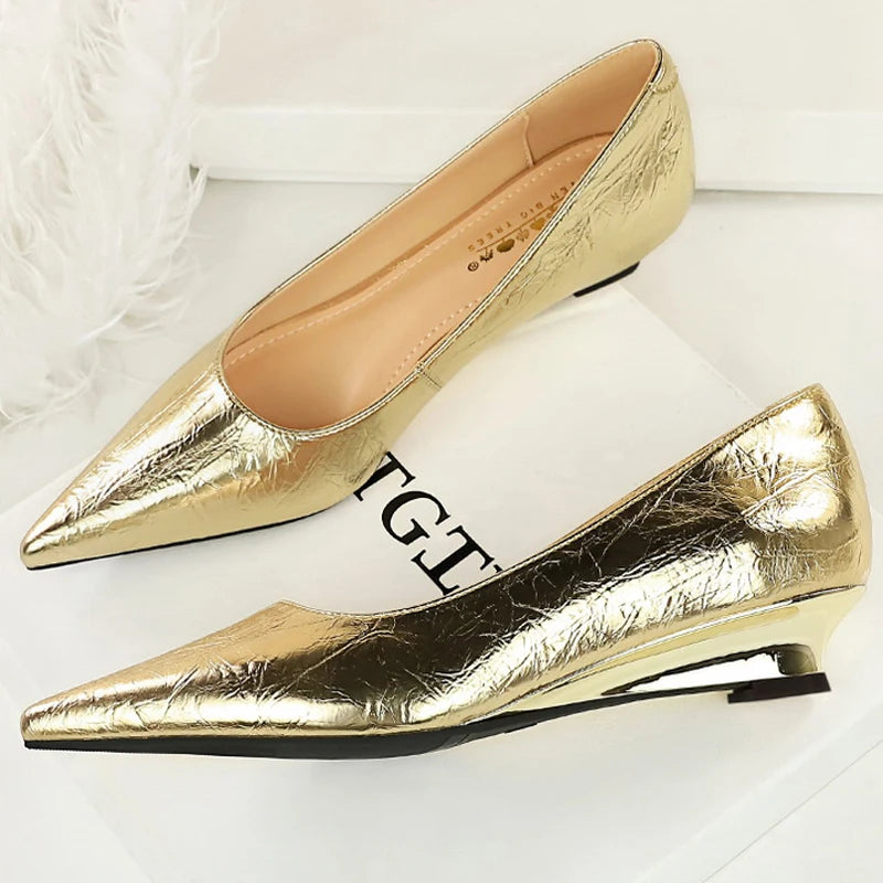BIGTREE Shoes Women Wedges Shoes Pointed End Women Pumps Comfort Women's Shoes Low-Heel 3 CM Fashion Banquet Shoes Gold Sliver