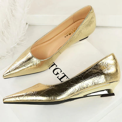 BIGTREE Shoes Women Wedges Shoes Pointed End Women Pumps Comfort Women's Shoes Low-Heel 3 CM Fashion Banquet Shoes Gold Sliver