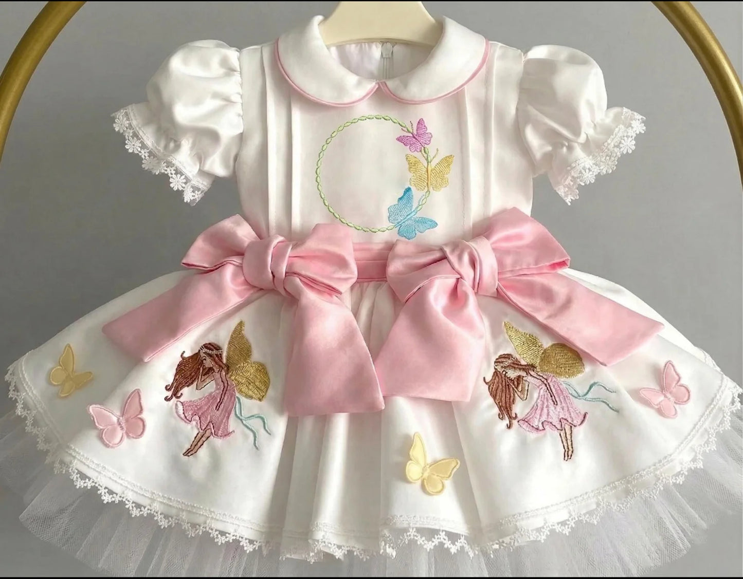 Summer Girl Sweet Elf Girl Embroidered Butterfly Pink Bow Lace White Puffy Dress for  Party Birthday Wedding Photography B640