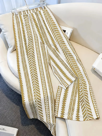 Women's Olive Green Geometric Chevron Stripe Print Wide Leg Pants High Waist Tie Belt Draping Loose Fit Casual Summer Trousers