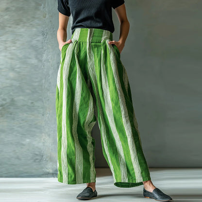 Summer High Waist Pocket Striped Printed Pants Women Casual Pocket Wide Leg Pants Female Fashion Streetwear