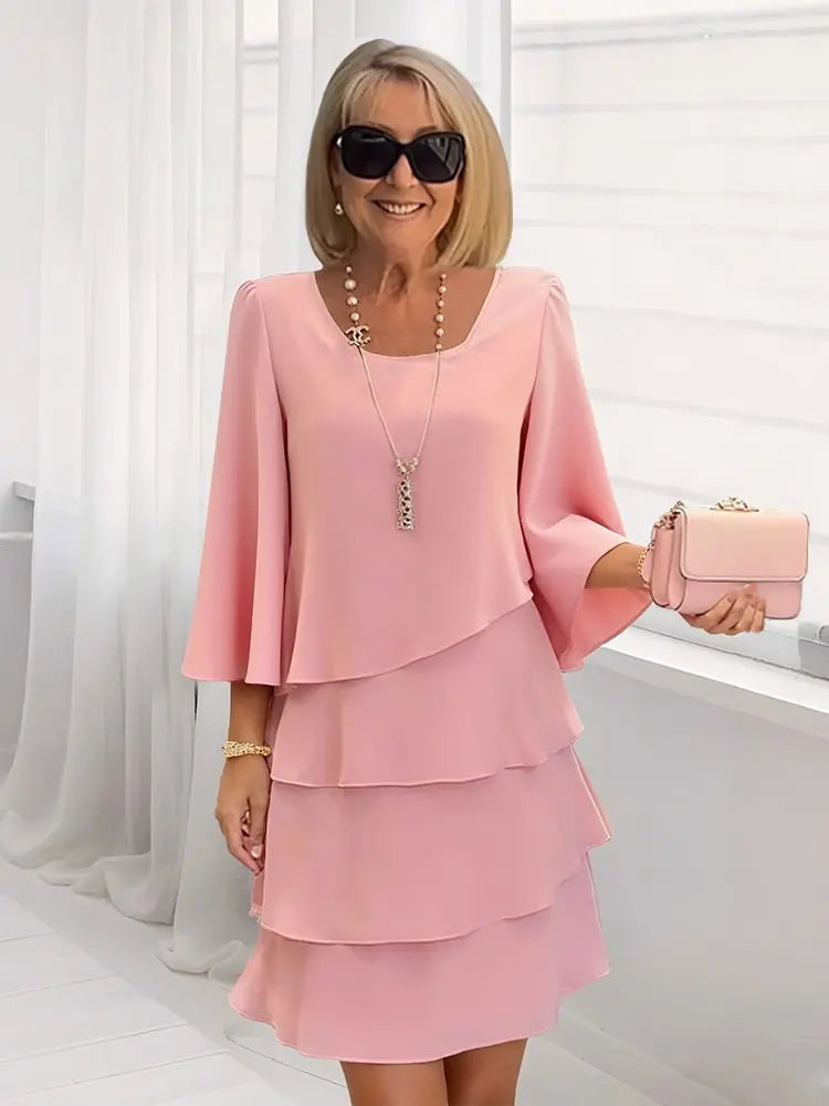 Women's Fashion Cake Skirt 3/4 Bell Sleeve Crewneck Tiered Layered Flowy Dress Party Wedding Outfits