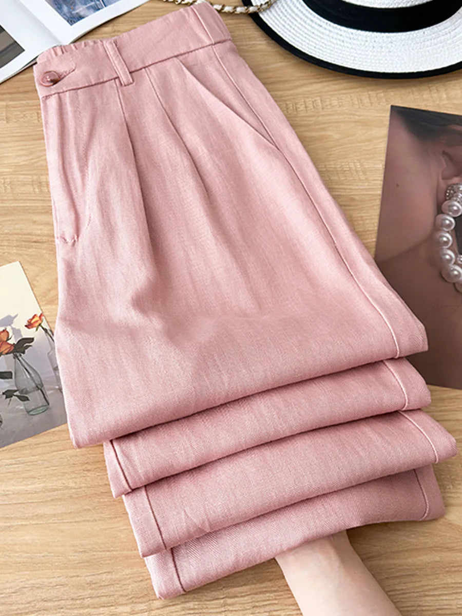 Women's High Waist Linen Pants Summer Wide-Leg Drape Trousers Thin Lyocell Ramie Straight Pants Comfortable Fit