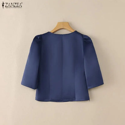 ZANZEA Elegant Woman Satin Short Blouses V-Neck 3/4 Sleeve Floral Embroidery Slim Fit Tops Classy Ladies Blusas 2026 Spring 3XL