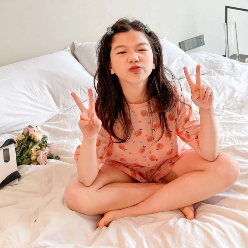 Girls Summer Cooling Lightweight Two-Piece Pajamas Set Short Sleeve Shorts Homewear