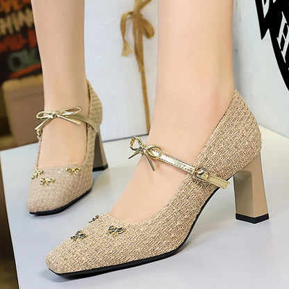 BIGTREE Shoes Woven Fabric Women Pumps Bowknot High Heels Square Head Ladies Shoes Chunky Heel Women Shoes Luxury Banquet Shoes