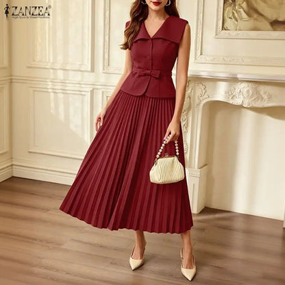 ZANZEA Summer Office Outfits Fashion Women Dress Sets Elegant Lapel Neck Sleeveless Vests Tops A Line Pleated Skirt Suit OL Work