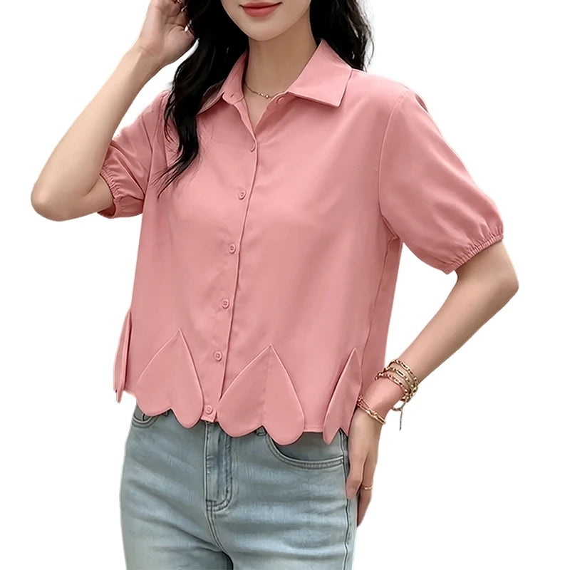 ZANZEA Heart-Shaped Detailing Short Shirt Women Short Puff Sleeve Turn-Down Collar Button Up Top Summer Streetwear Camisas Mujer