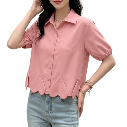 ZANZEA Heart-Shaped Detailing Short Shirt Women Short Puff Sleeve Turn-Down Collar Button Up Top Summer Streetwear Camisas Mujer