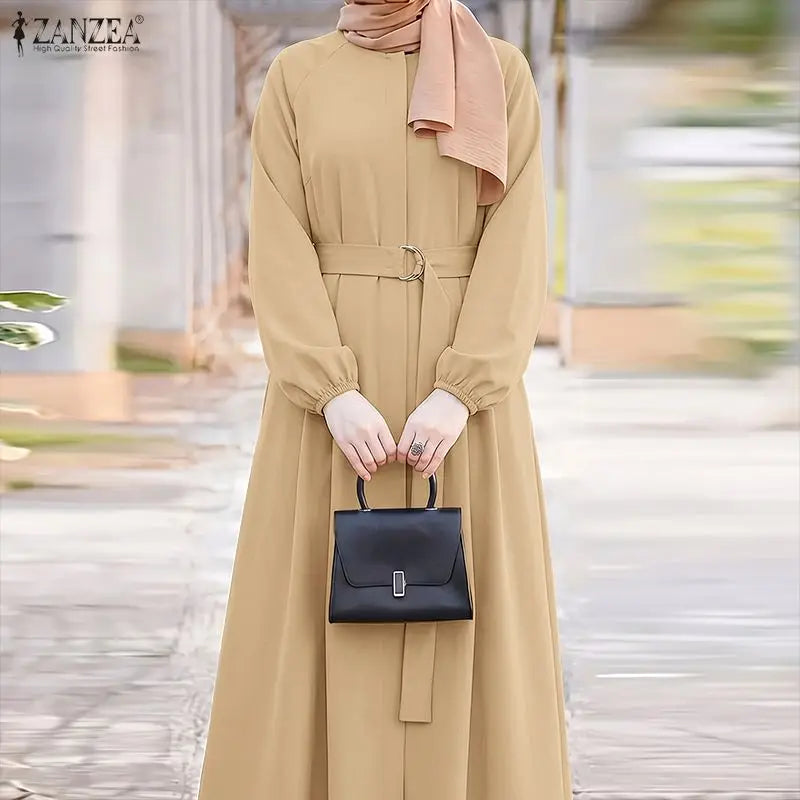Modest Muslim Abaya Hijab Dresses ZANZEA Women Elegant O Neck Long Sleeve Belted Sundress Solid Color Loose Dubai Robe Ramadan