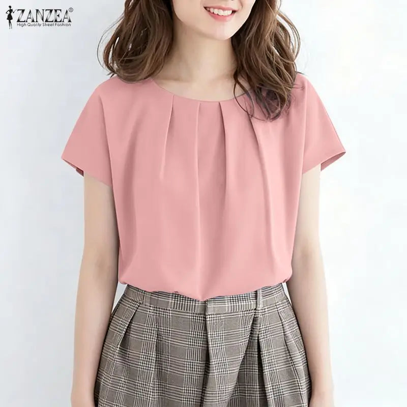 ZANZEA Women Summer Short Sleeve Blouses Casual Chic O-Neck Pleated Front Solid Color Tops Minimalist Loose Blusas de Mujer