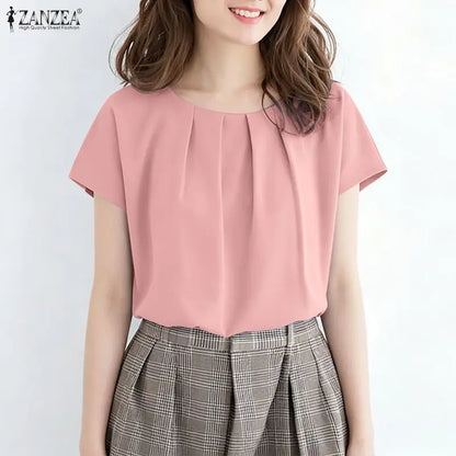 ZANZEA Women Summer Short Sleeve Blouses Casual Chic O-Neck Pleated Front Solid Color Tops Minimalist Loose Blusas de Mujer