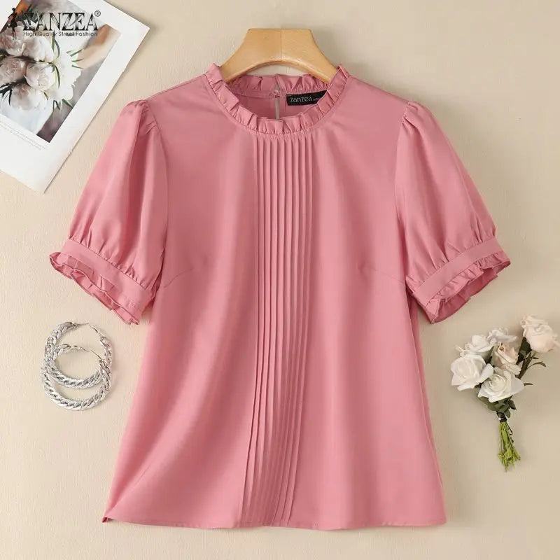 ZANZEA 2026 Woman Elegant Pintuck Blouses Ruffled Trim O-Neck Half Puff Sleeves Solid Tops Summer Daily Casual Work Blusas Mujer