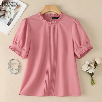 ZANZEA 2026 Woman Elegant Pintuck Blouses Ruffled Trim O-Neck Half Puff Sleeves Solid Tops Summer Daily Casual Work Blusas Mujer