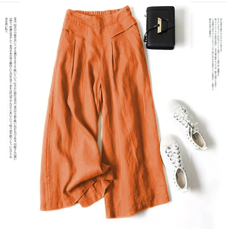 Y2K Lady Nine-point Pants Mid-rise Cotton Linen Wide-leg Large Size Trousers Loose Casual Commuting Daily Wear Tights Sweatpants