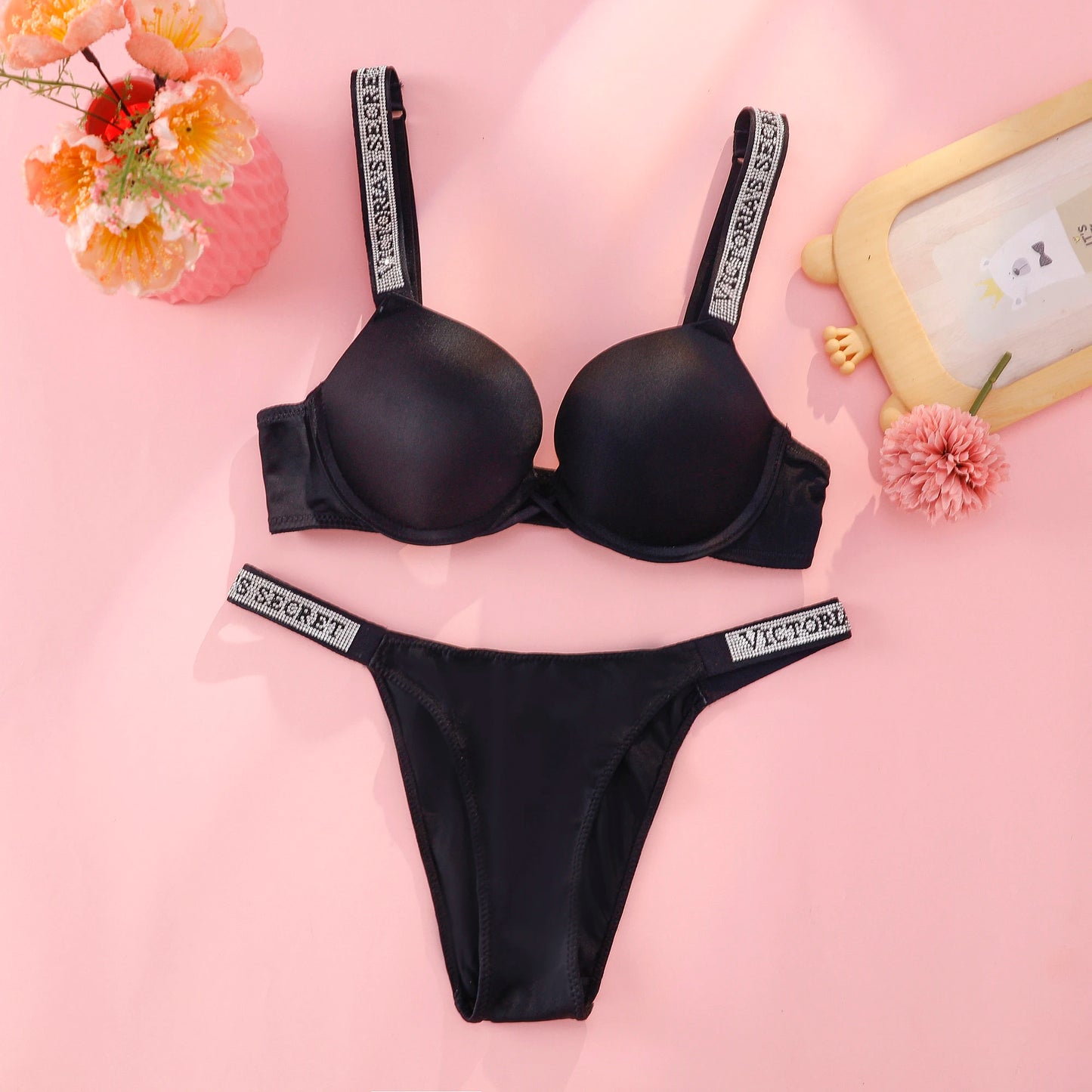 Victoria s Secret Rhinestone Logo Shoulder Straps Lace Underwear Sexy Lingerie Set Push Up Bra And Panties Set For Women
