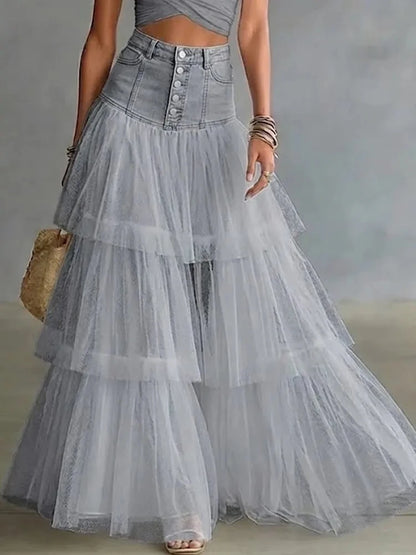 Summer Loose Swing Maxi Skirts Mujer Fashion High Waist Button Denim Skirts for Women Spring Elegant Patchwork Mesh Ruffle Skirt