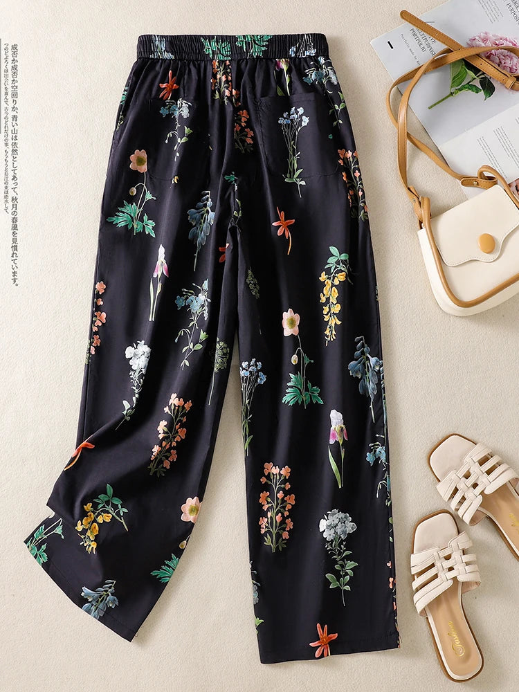 High Waist Wide Leg Printed Casual Pants Summer Thin Large Size Versatile Loose Fit Nine Points Pants Ladies Casual Trousers
