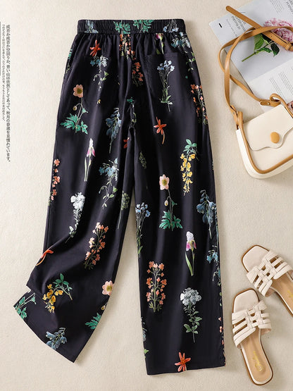High Waist Wide Leg Printed Casual Pants Summer Thin Large Size Versatile Loose Fit Nine Points Pants Ladies Casual Trousers