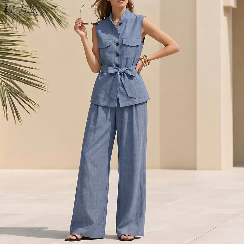 ZANZEA Stylish Summer Sleeveless Tanks Tops Pant Sets Women Elegant Casual Holiday Outfits Solid OL Work Tracksuit 2 Pieces Sets