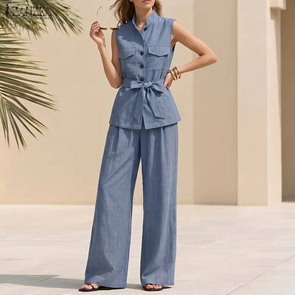 ZANZEA Stylish Summer Sleeveless Tanks Tops Pant Sets Women Elegant Casual Holiday Outfits Solid OL Work Tracksuit 2 Pieces Sets