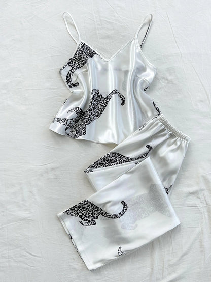 Comfortable Fashionable 2pcs V Neck Leopard Print Suspender Long Pants Pajama Set