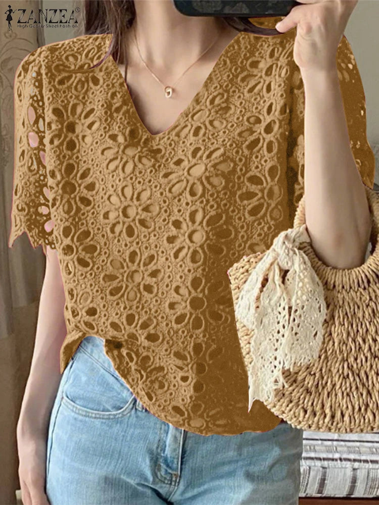 ZANZEA Summer Embroidered Eyelet Blouses for Woman Casual V-Neck Short Sleeve Hollow Out Lace Solid Blusas Mujer Daily Vacation