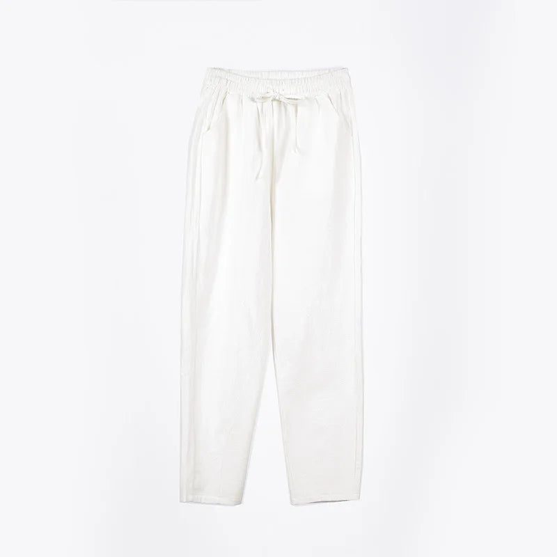 Women Pants Spring Autumn Ankle Length Casual Straight Pencil Solid Elastic Waist Harem Girls Pants Thin Cotton Linen Trousers