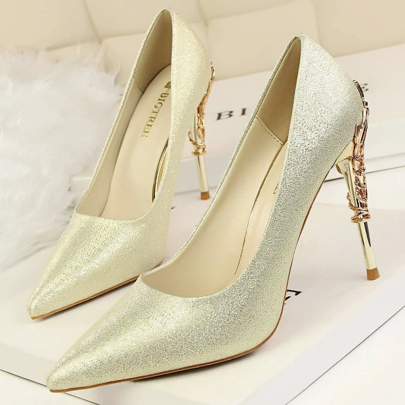 BIGTREE Shoes Women Pumps Flower Carved Metal Heel Women Shoes Fashion Wedding Shoes Satins Stilettos Heels 10 Cm High Heels