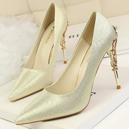 BIGTREE Shoes Women Pumps Flower Carved Metal Heel Women Shoes Fashion Wedding Shoes Satins Stilettos Heels 10 Cm High Heels