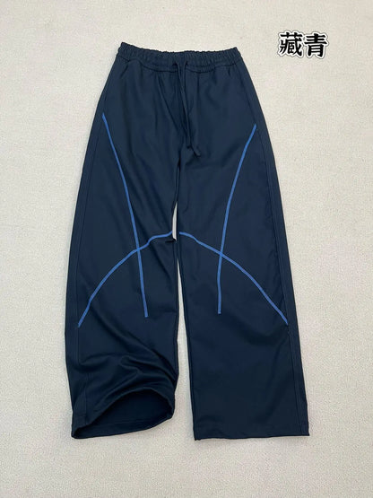 QICHE Women Contrast Stitch Curved Pants Loose Outdoor Casual Sports Long Trousers