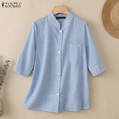 ZANZEA Woman Striped Shirts Stand Collar Half Sleeve Button Up Patch Pocket Tops Spring Summer Daily Casual Chemises Femme