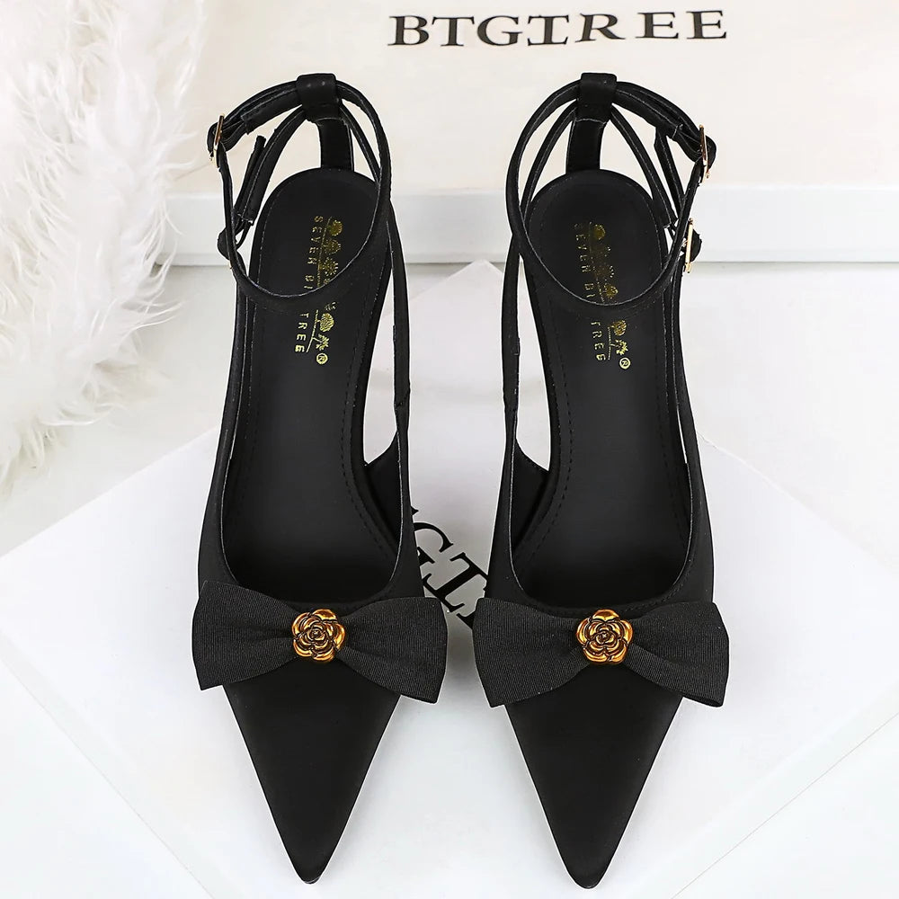BIGTREE Shoes High-Heeled Sandals Women Pumps Metal Flower High Heels Women Stiletto 8 cm Bowknot Women Sandals Summer Shoes